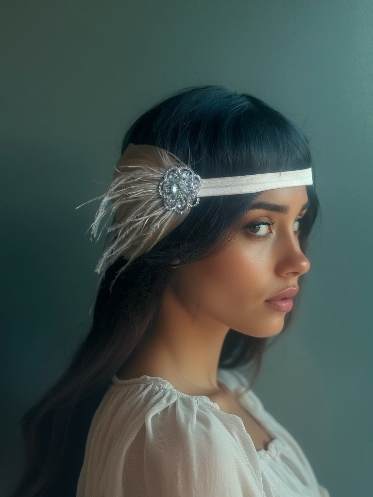 Ivory Gatsby headband with feathers and a crystal brooch, perfect for Gatsby-themed events and weddings.

