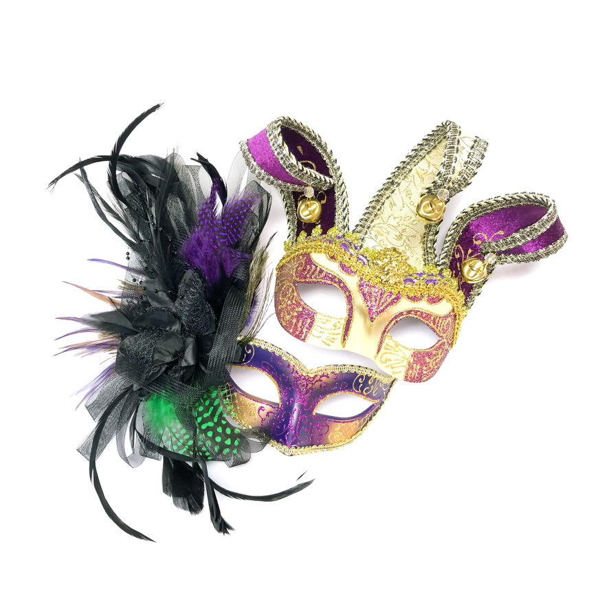 Step into the Mardi Gras spirit with the Jester Mask duo. This stunning set features a gold and purple jester mask with bells and intricate details, paired with a vibrant feathered design. Perfect for Mardi Gras celebrations, themed parties, or masquerade events.