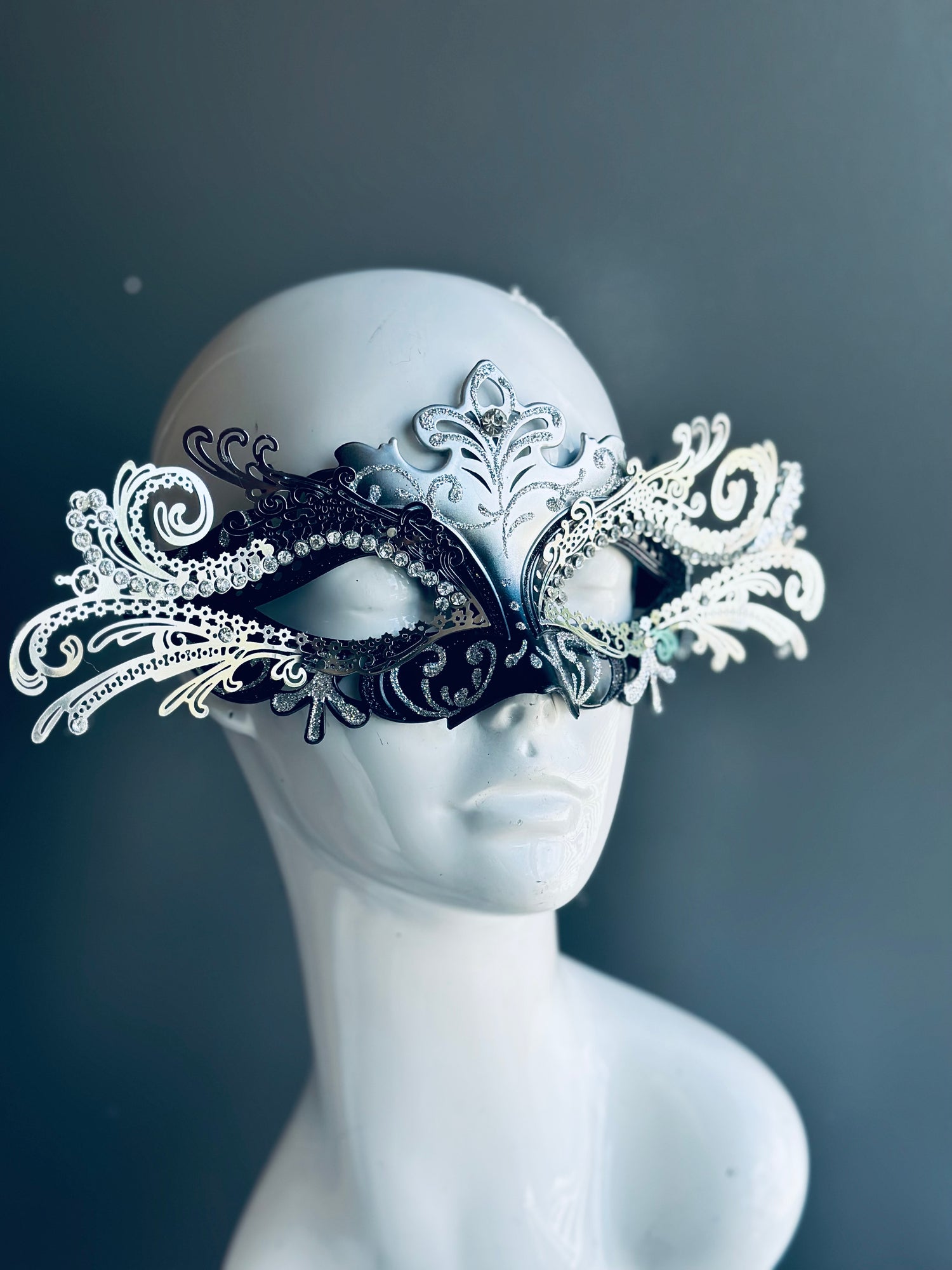 Jester Venetian metal couples mask with intricate designs and rhinestone embellishments, perfect for masquerade balls and themed events.