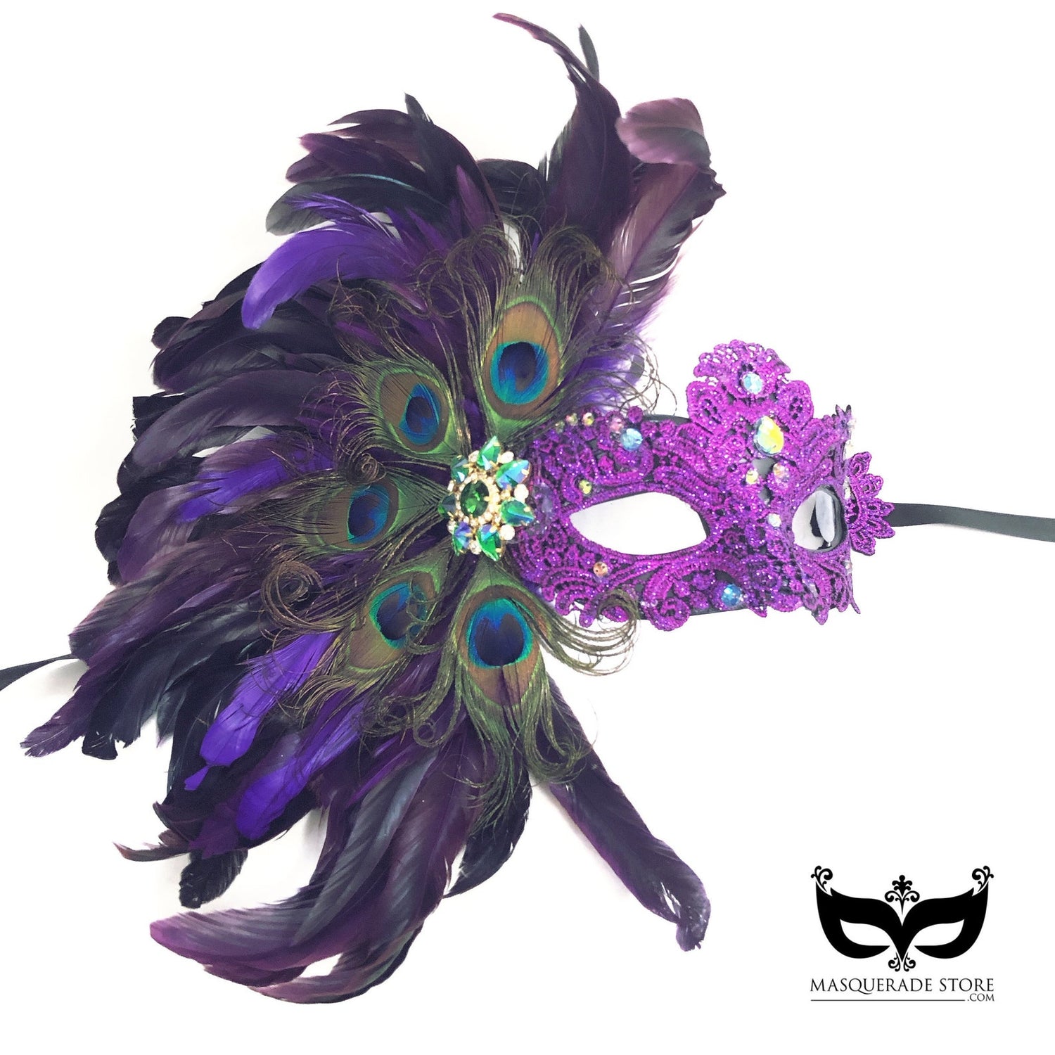 Stunning Mardi Gras purple lace mask adorned with sparkling rhinestones and vibrant peacock feathers for a festive and elegant design.