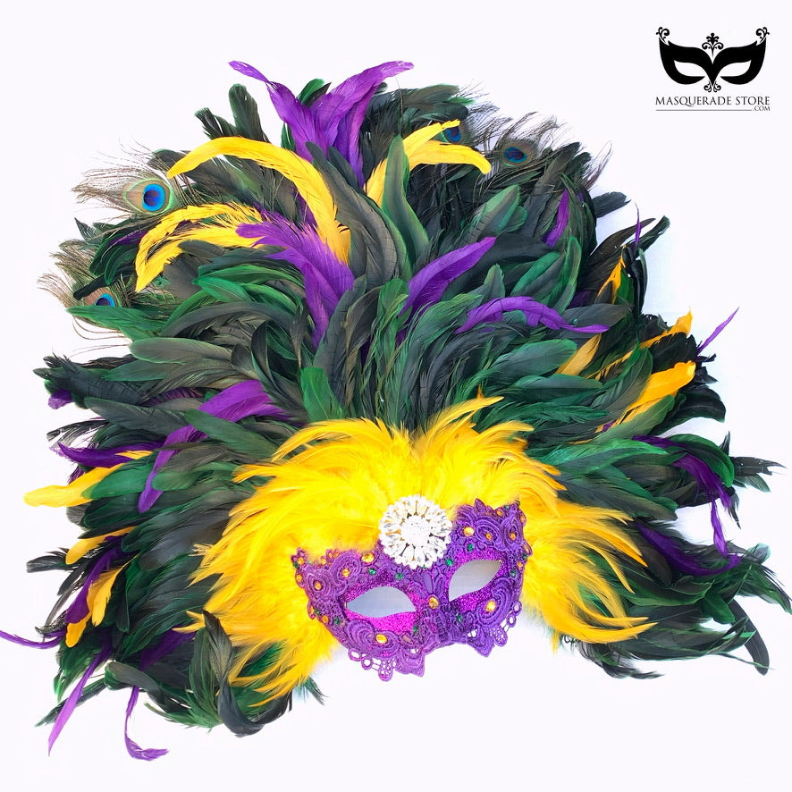 Mardi Gras mask with luxurious purple, green, and yellow feathers, intricate lace details, and a sparkling jewel centerpiece.