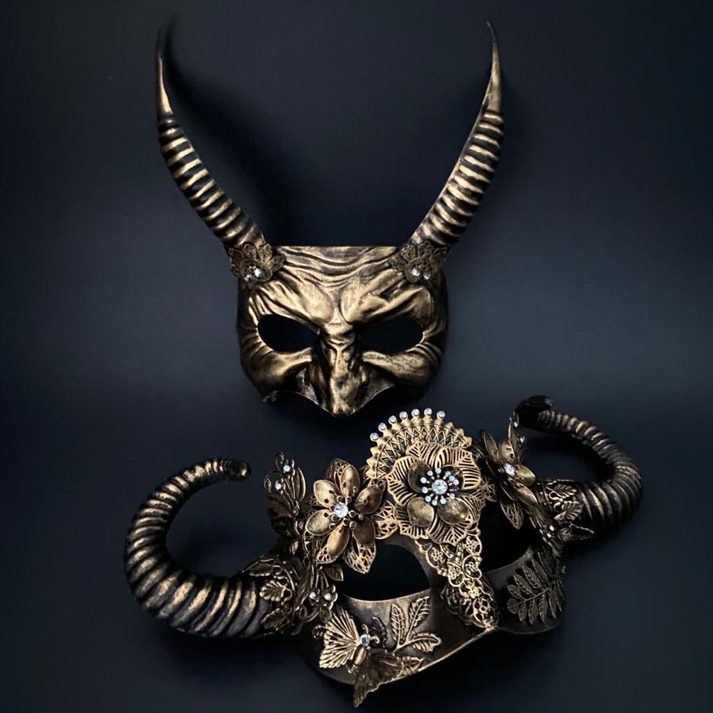 Gold Grotesque Baroque masquerade mask set with devil horns and nymph designs