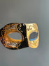 Black and gold Venetian mask with musical notes and ornate scrollwork, ideal for masquerades and sophisticated events.