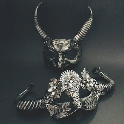 Silver Mythological Creatures masquerade masks for couples with floral details