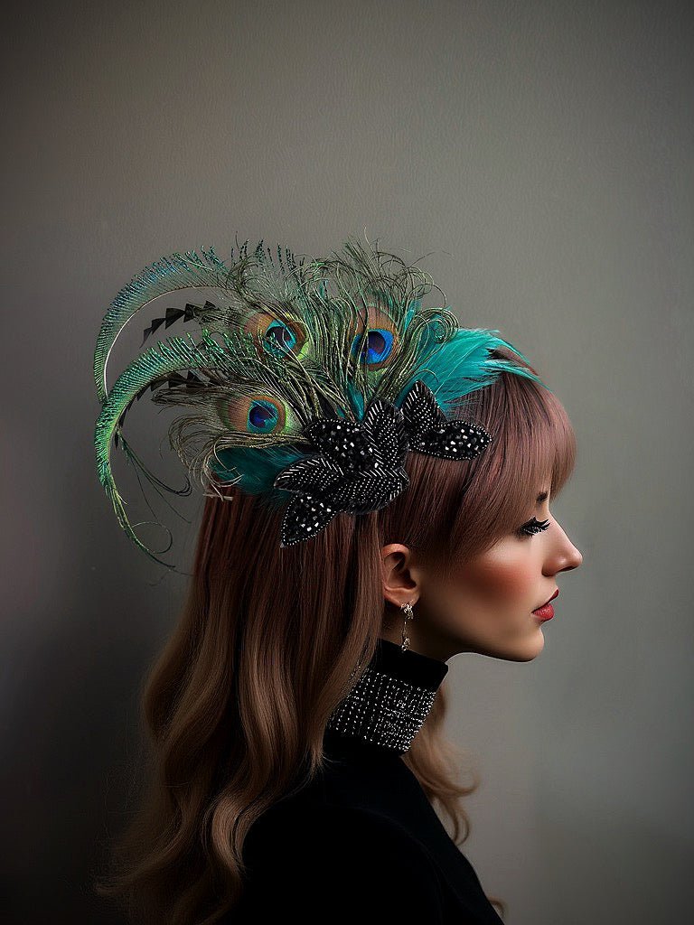 Elegant peacock feather Gatsby fascinator with black bow accents, perfect for 1920s-themed events.

