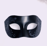 Black onyx scroll filigree masquerade mask with matte finish, perfect for men’s costume events.