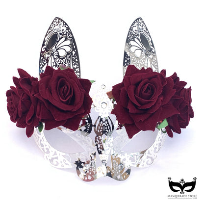 Silver metal bunny masquerade mask with red roses and intricate filigree design