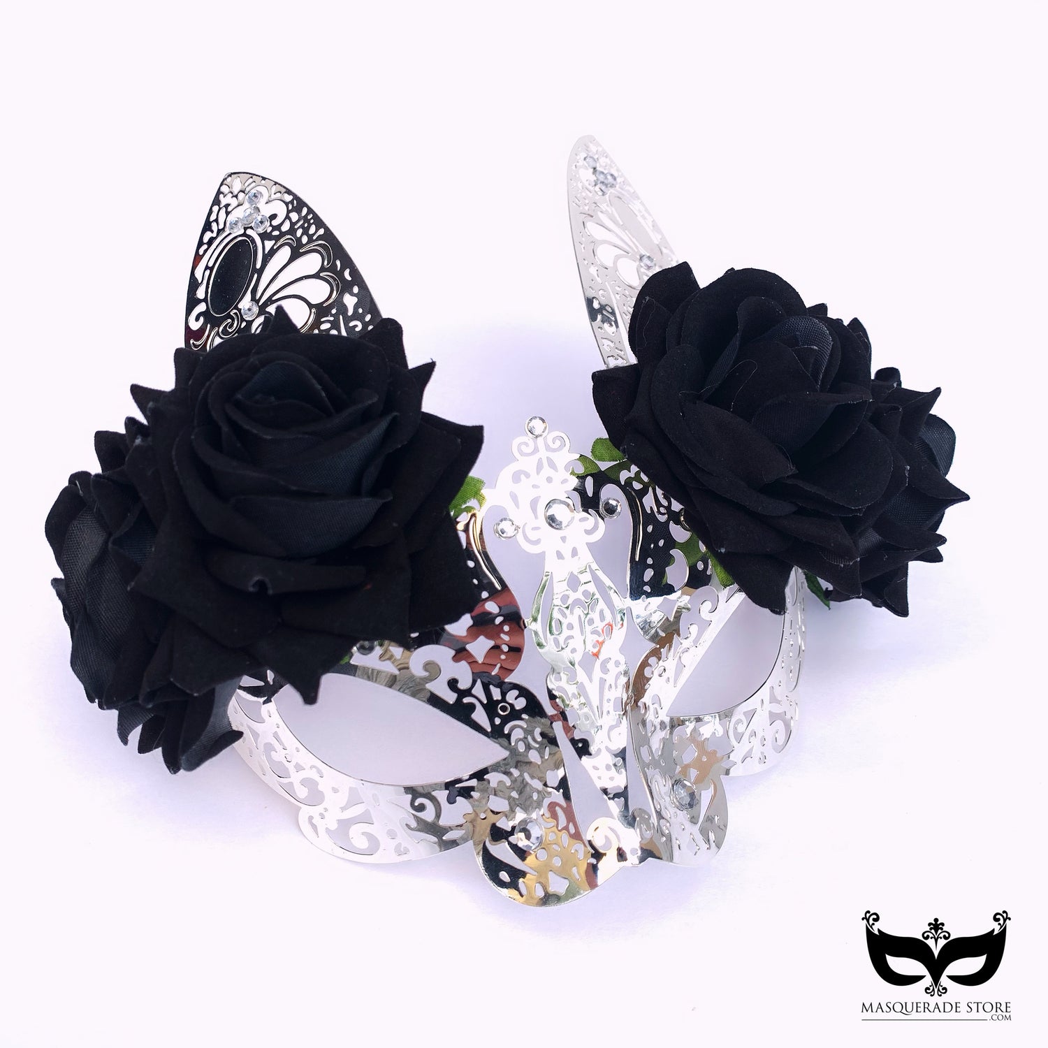 Silver metal bunny masquerade mask with black roses and intricate filigree design