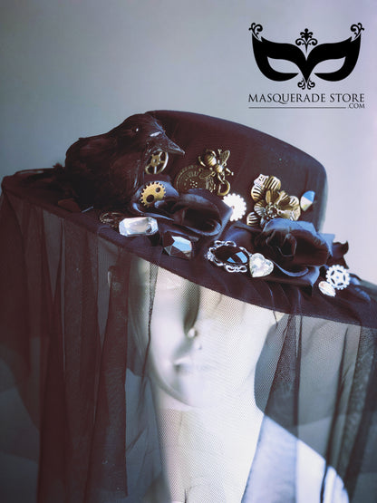 Trinkets Hat with Veil and Gear Accents, gothic steampunk headpiece with a raven and black roses.