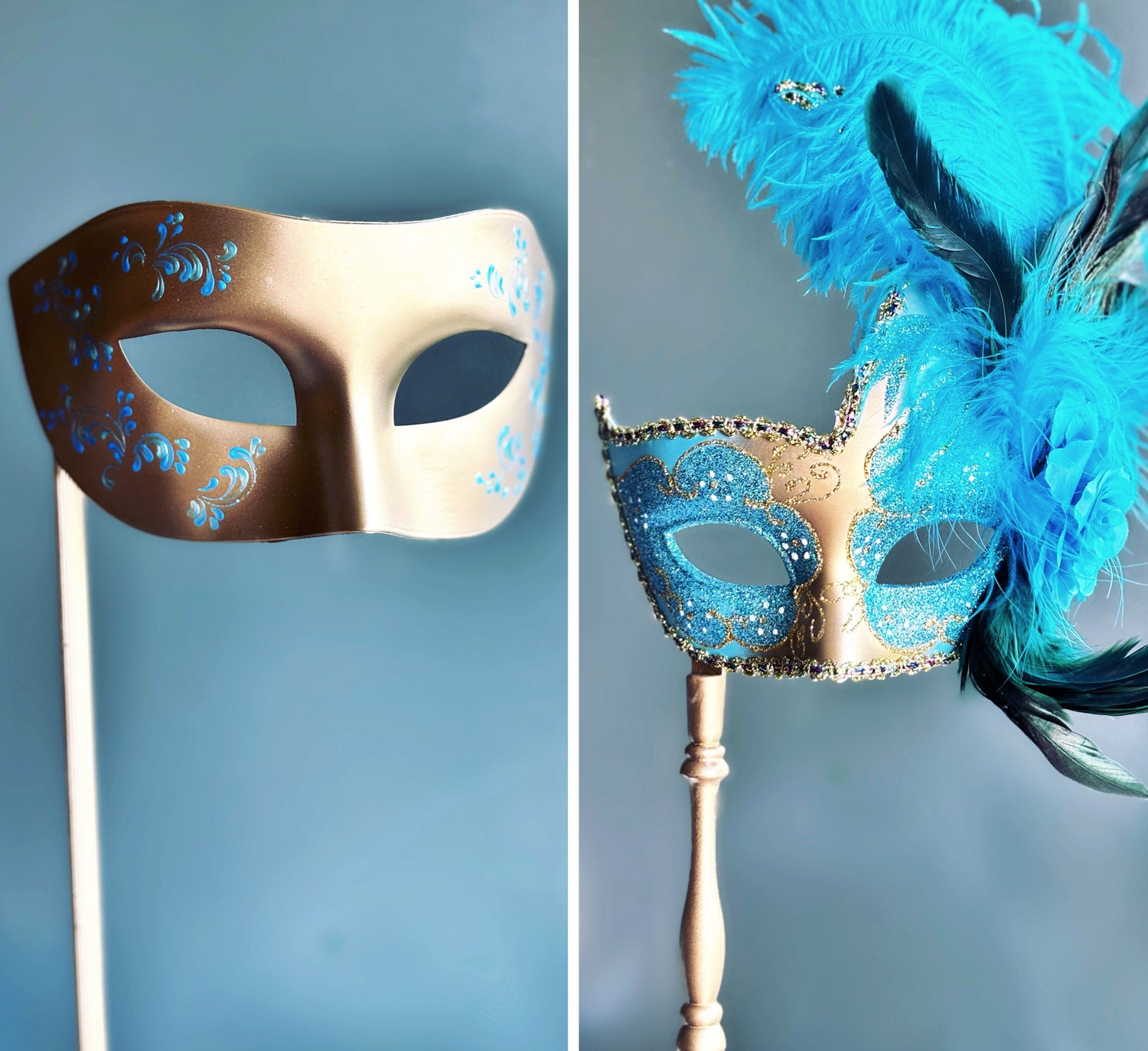 Set of turquoise and gold handheld masks, one with intricate scroll accents and another with vibrant feathers and glitter for formal events.