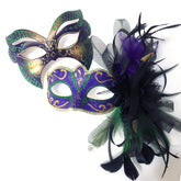 Mardi Gras couples mask set with purple, green, and gold designs, highlighted by feathers, tulle, and elegant embellishments.