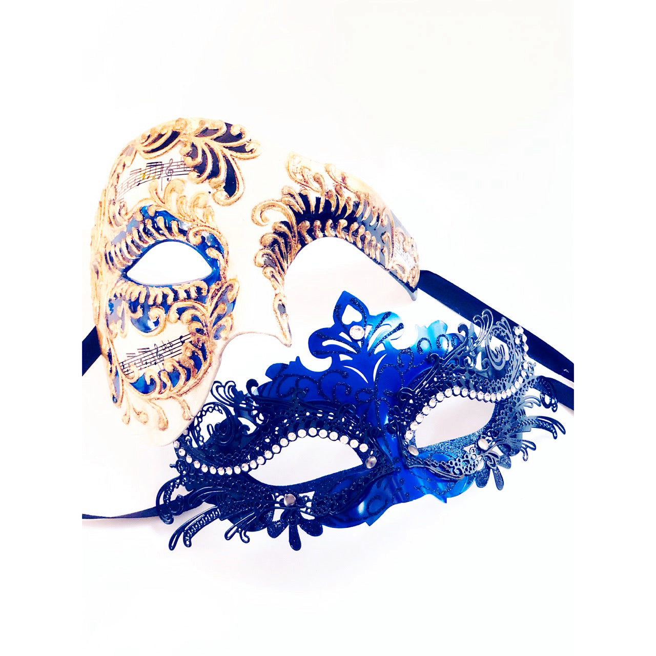 Venetian Blue and Gold Phantom Masquerade Mask Pair with filigree and musical accents.