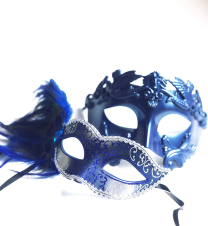 Venetian blue masquerade mask pair with feathers and crown design for couples.