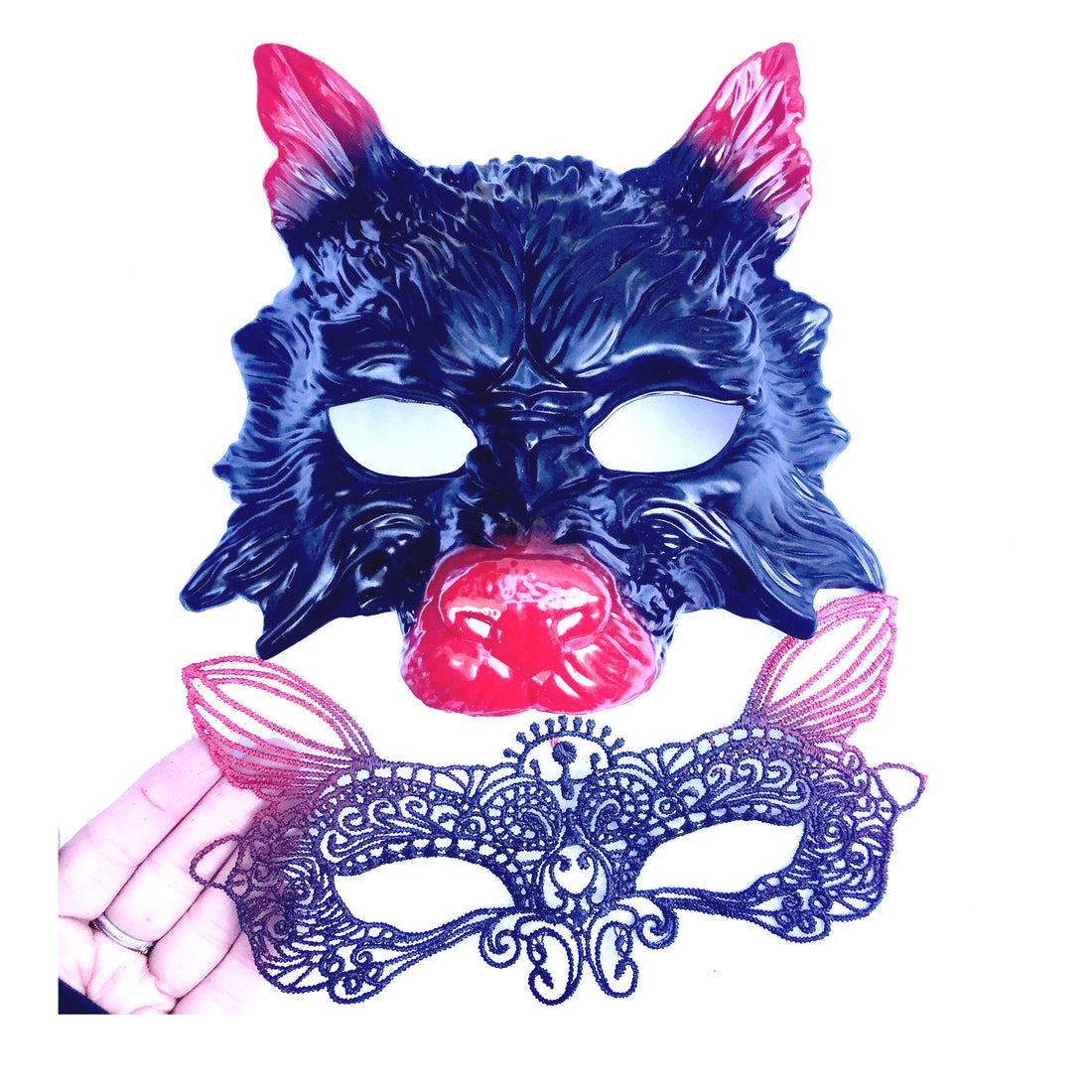 Wolf and Fox Lace Duo Masquerade Mask Set, black wolf mask with red accents, and a lace-embellished fox mask.